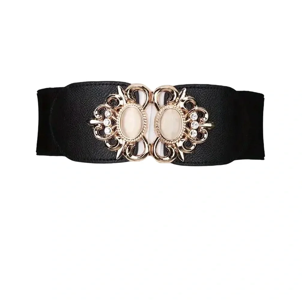 Golden‎ Double Buckle Black Waspie Belt Stretchy Elastic Accentuating Waist Band